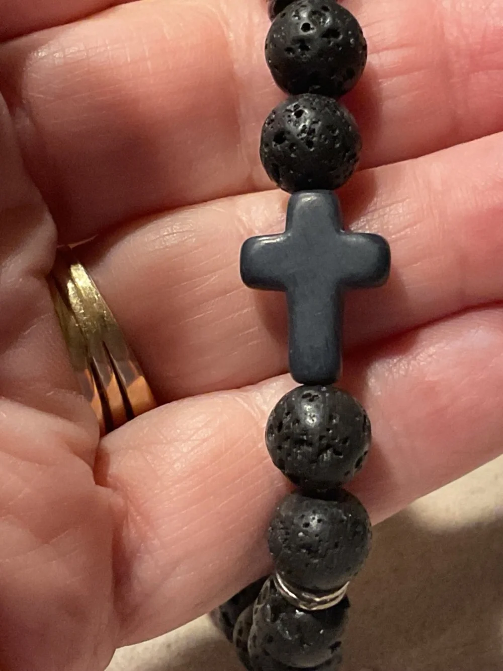 Men's Black Lava Bead Stretch Bracelet with Cross